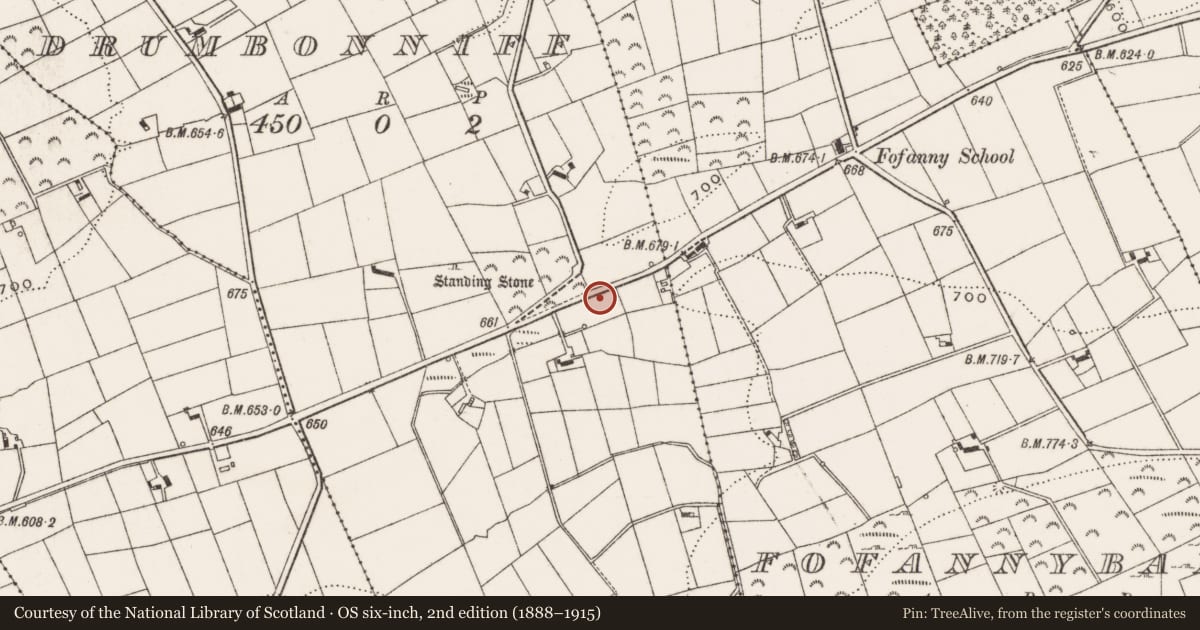 Ordnance Survey six-inch map, 2nd edition (1888–1915) covering the location of Marker stone on Bryansford Rd, Drumdonniff, Newry, Mourne and Down, with a pin at the register's coordinates