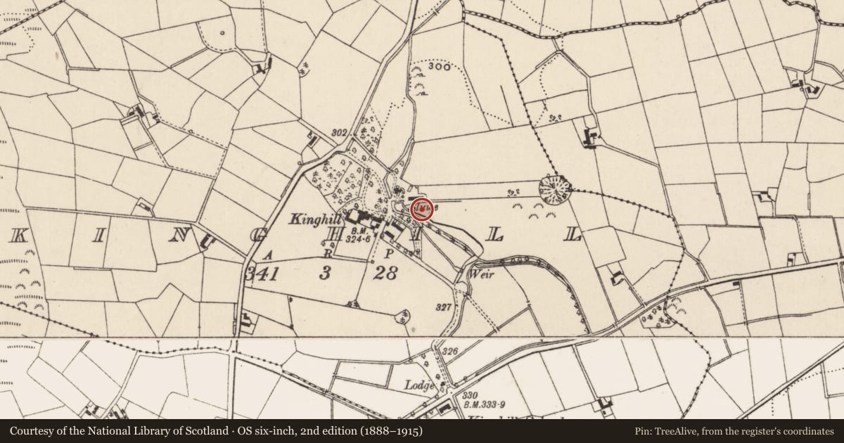 Ordnance Survey six-inch map, 2nd edition (1888–1915) covering the location of Houses and disused corn kiln at Kinghill, Newry, Mourne and Down, with a pin at the register's coordinates