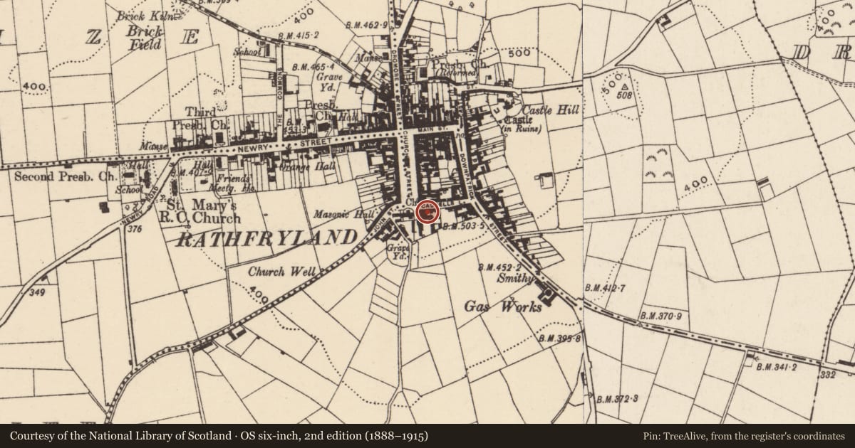 Ordnance Survey six-inch map, 2nd edition (1888–1915) covering the location of St John's C of I Church, Cross, Armagh City, Banbridge and Craigavon, with a pin at the register's coordinates