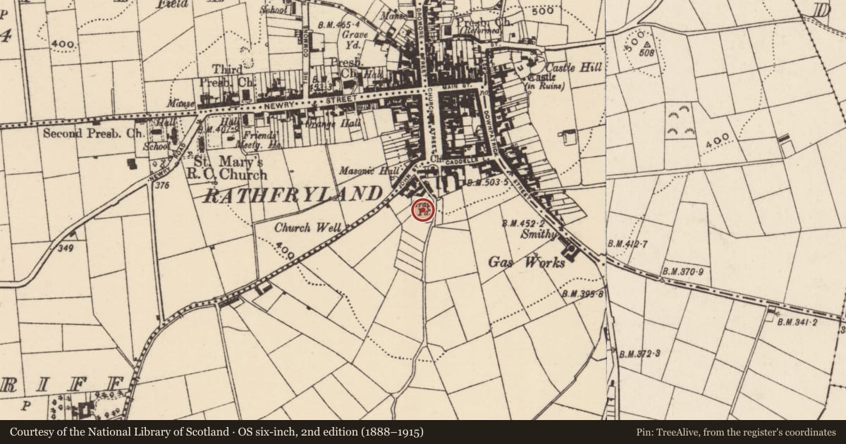 Ordnance Survey six-inch map, 2nd edition (1888–1915) covering the location of St John's C of I Graveyard, Cross, Armagh City, Banbridge and Craigavon, with a pin at the register's coordinates