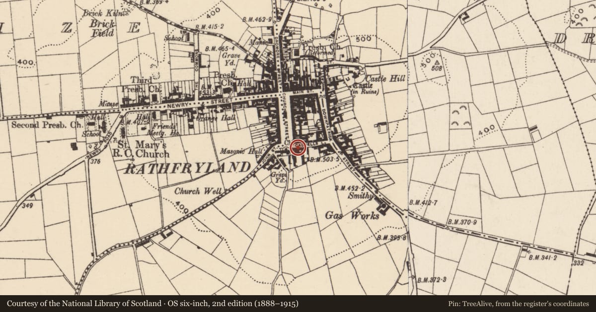 Ordnance Survey six-inch map, 2nd edition (1888–1915) covering the location of 3 Caddells Lane, Cross, Armagh City, Banbridge and Craigavon, with a pin at the register's coordinates