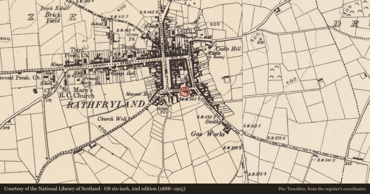 Ordnance Survey six-inch map, 2nd edition (1888–1915) covering the location of 4 & 5 Caddells Lane, Cross, Armagh City, Banbridge and Craigavon, with a pin at the register's coordinates