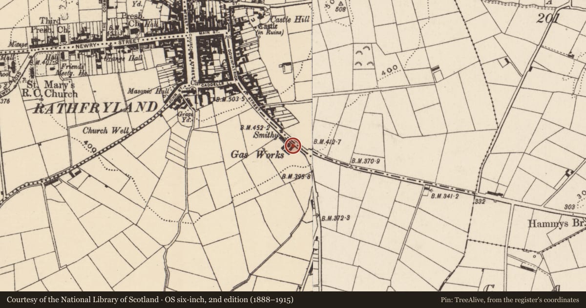 Ordnance Survey six-inch map, 2nd edition (1888–1915) covering the location of Former Gas Works, Cross, Armagh City, Banbridge and Craigavon, with a pin at the register's coordinates