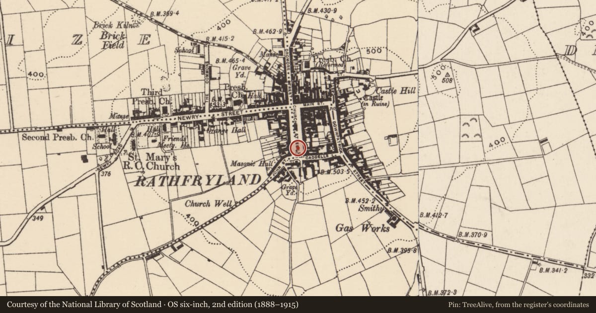 Ordnance Survey six-inch map, 2nd edition (1888–1915) covering the location of War Memorial, Cross, Armagh City, Banbridge and Craigavon, with a pin at the register's coordinates
