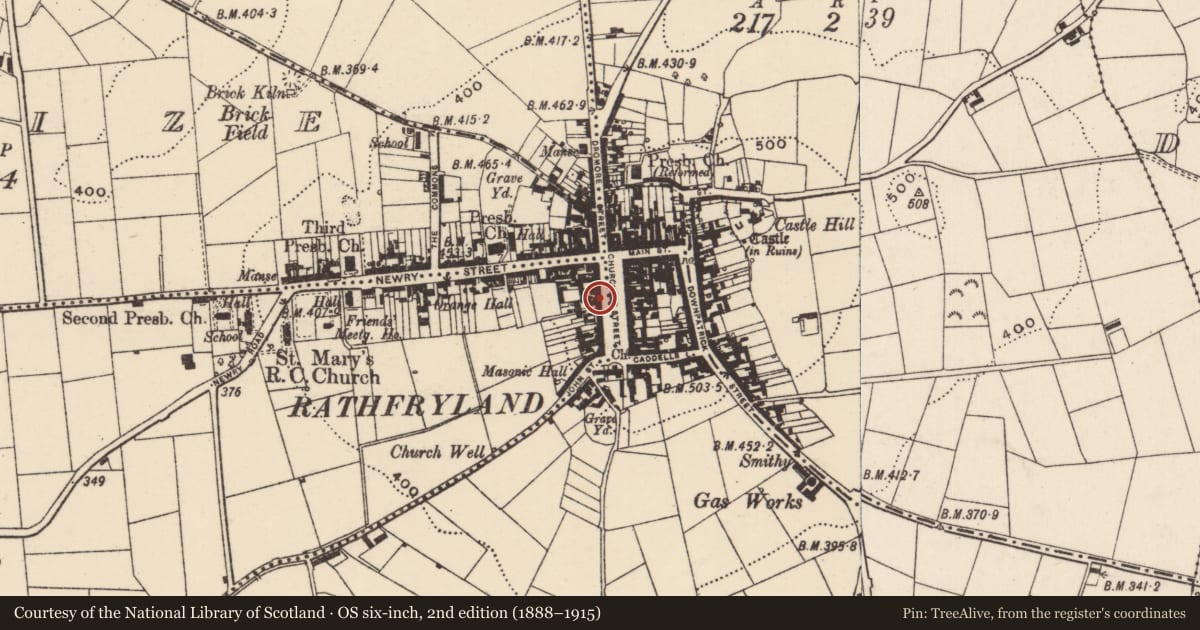 Ordnance Survey six-inch map, 2nd edition (1888–1915) covering the location of 13 Church Square, Kiltarriff, Armagh City, Banbridge and Craigavon, with a pin at the register's coordinates