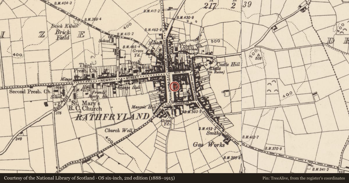 Ordnance Survey six-inch map, 2nd edition (1888–1915) covering the location of 18 Church Square, Cross, Armagh City, Banbridge and Craigavon, with a pin at the register's coordinates