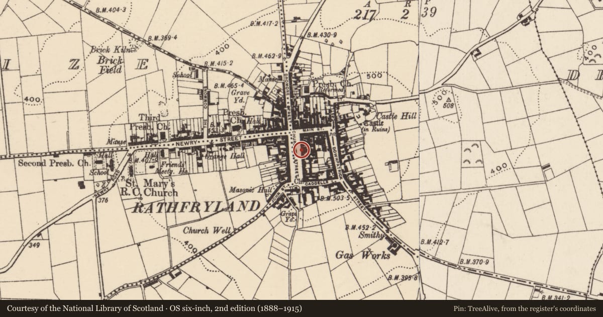 Ordnance Survey six-inch map, 2nd edition (1888–1915) covering the location of 16 Church Square, Cross, Armagh City, Banbridge and Craigavon, with a pin at the register's coordinates