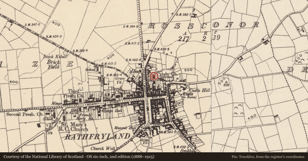Ordnance Survey six-inch map, 2nd edition (1888–1915) covering the location of Reformed Presbyterian Church, Rosconnor, Armagh City, Banbridge and Craigavon, with a pin at the register's coordinates