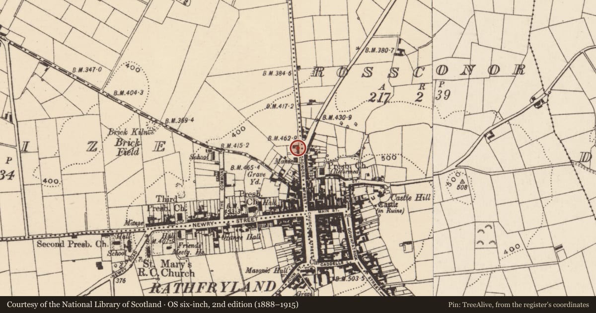 Ordnance Survey six-inch map, 2nd edition (1888–1915) covering the location of 34-44 Dromore Street, Lissize, Armagh City, Banbridge and Craigavon, with a pin at the register's coordinates