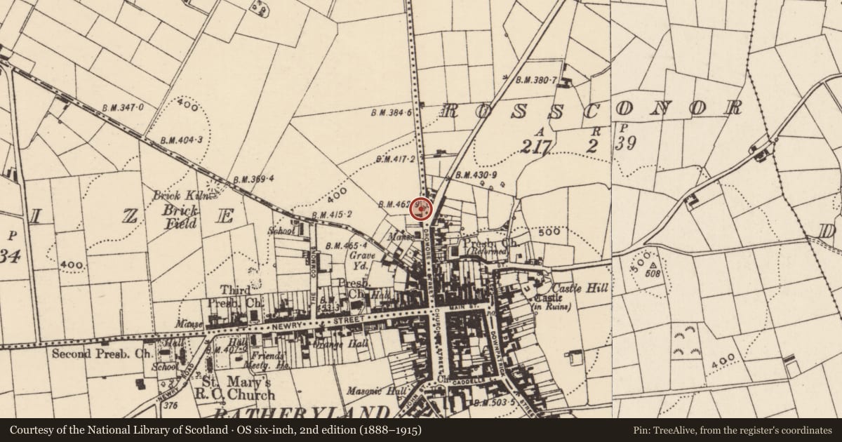 Ordnance Survey six-inch map, 2nd edition (1888–1915) covering the location of 48 Dromore Street, Rossconor, Armagh City, Banbridge and Craigavon, with a pin at the register's coordinates