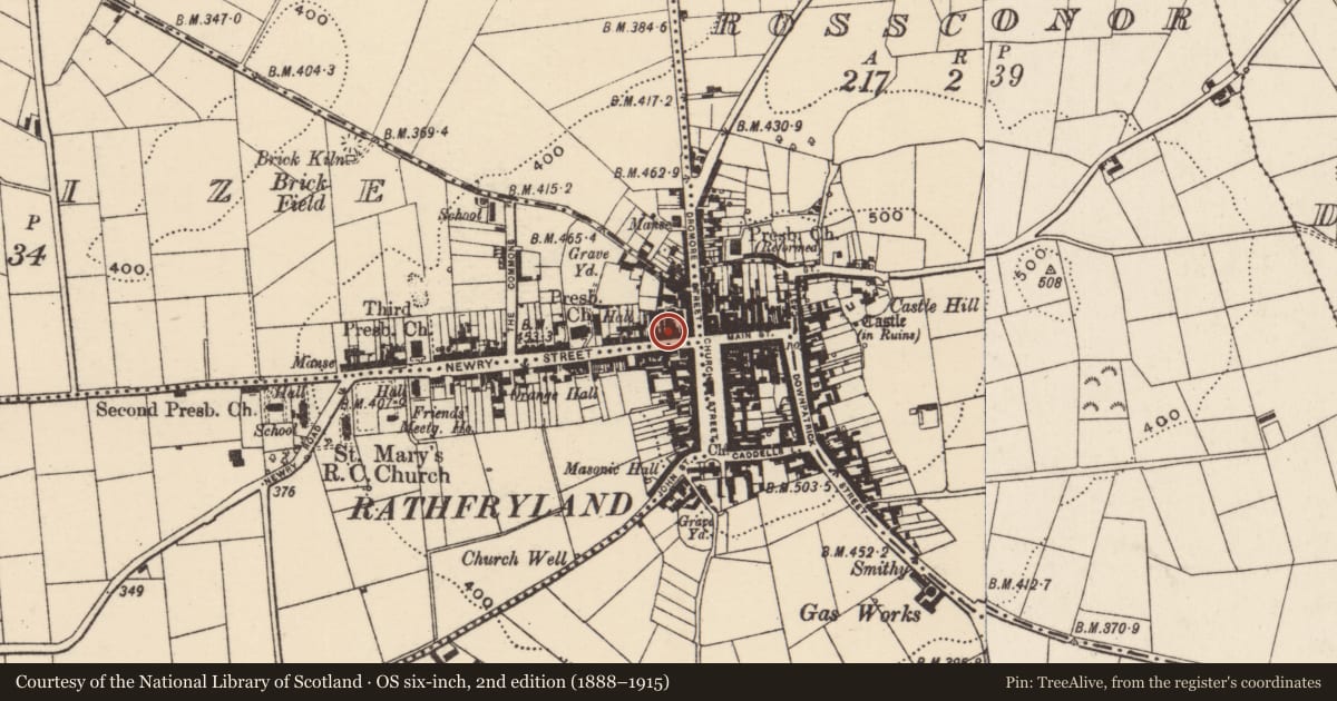 Ordnance Survey six-inch map, 2nd edition (1888–1915) covering the location of 9-11 Newry Street, Lissize, Armagh City, Banbridge and Craigavon, with a pin at the register's coordinates