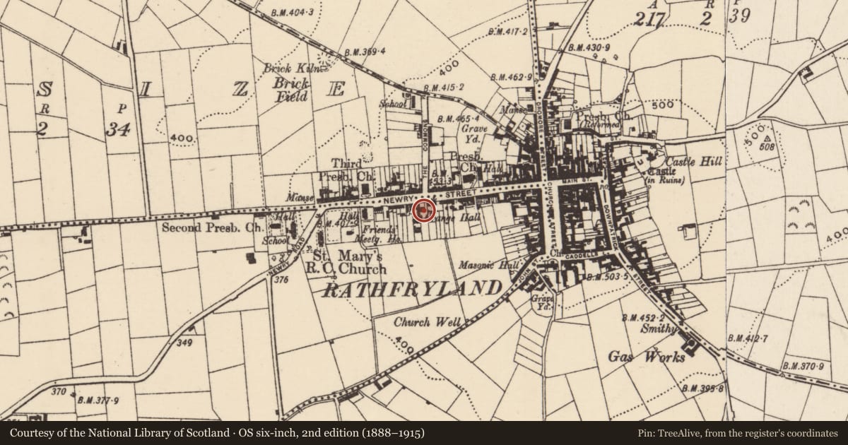 Ordnance Survey six-inch map, 2nd edition (1888–1915) covering the location of Orange Hall, Kiltarriff, Armagh City, Banbridge and Craigavon, with a pin at the register's coordinates