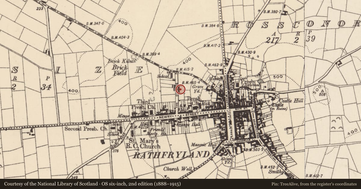 Ordnance Survey six-inch map, 2nd edition (1888–1915) covering the location of 23 School Road, Lissize, Armagh City, Banbridge and Craigavon, with a pin at the register's coordinates