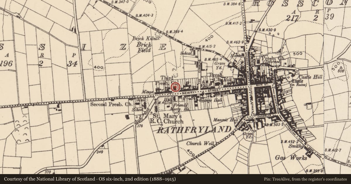 Ordnance Survey six-inch map, 2nd edition (1888–1915) covering the location of 3rd Presbyterian Church, Lissize, Armagh City, Banbridge and Craigavon, with a pin at the register's coordinates