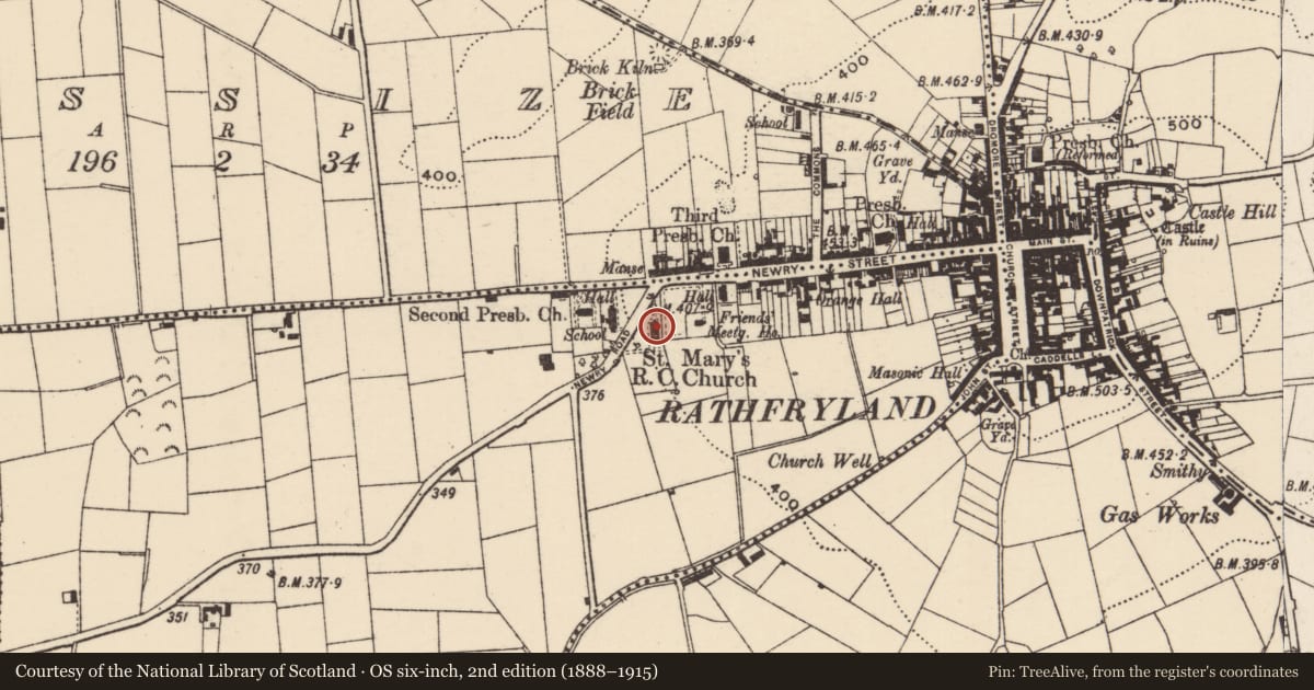 Ordnance Survey six-inch map, 2nd edition (1888–1915) covering the location of St Mary's RC Church, Kiltarriff, Armagh City, Banbridge and Craigavon, with a pin at the register's coordinates
