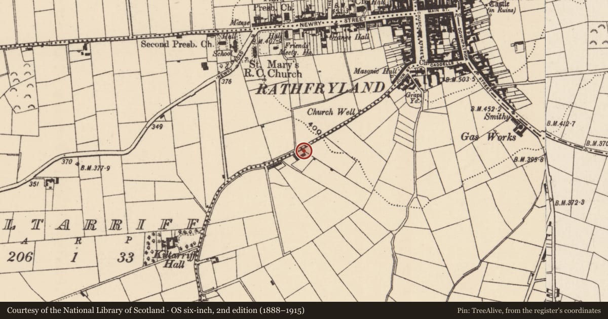 Ordnance Survey six-inch map, 2nd edition (1888–1915) covering the location of Former store, Cross, Armagh City, Banbridge and Craigavon, with a pin at the register's coordinates