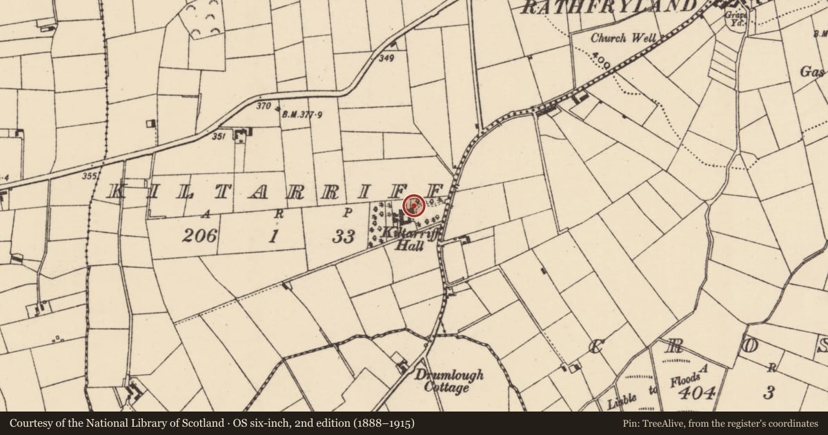 Ordnance Survey six-inch map, 2nd edition (1888–1915) covering the location of Kiltarriff Hall, Armagh City, Banbridge and Craigavon, with a pin at the register's coordinates