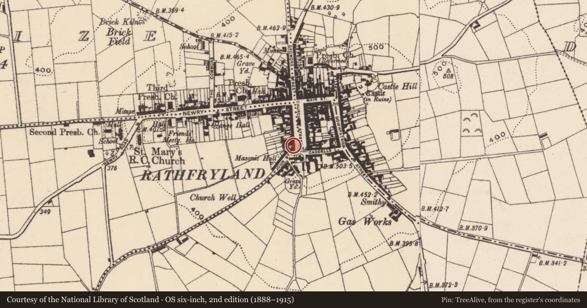 Ordnance Survey six-inch map, 2nd edition (1888–1915) covering the location of Bank of Ireland, Kiltarriff, Armagh City, Banbridge and Craigavon, with a pin at the register's coordinates