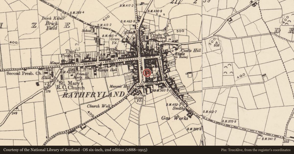 Ordnance Survey six-inch map, 2nd edition (1888–1915) covering the location of Northern Bank, Cross, Armagh City, Banbridge and Craigavon, with a pin at the register's coordinates