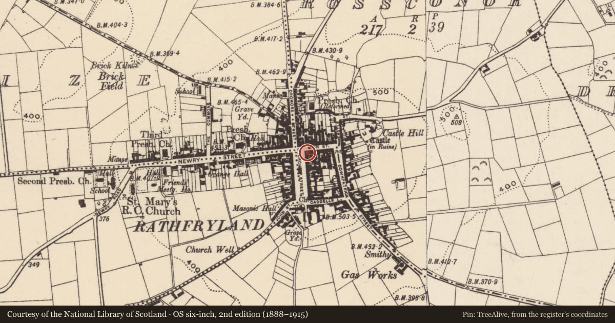 Ordnance Survey six-inch map, 2nd edition (1888–1915) covering the location of 2-4 Church Square, Cross, Armagh City, Banbridge and Craigavon, with a pin at the register's coordinates