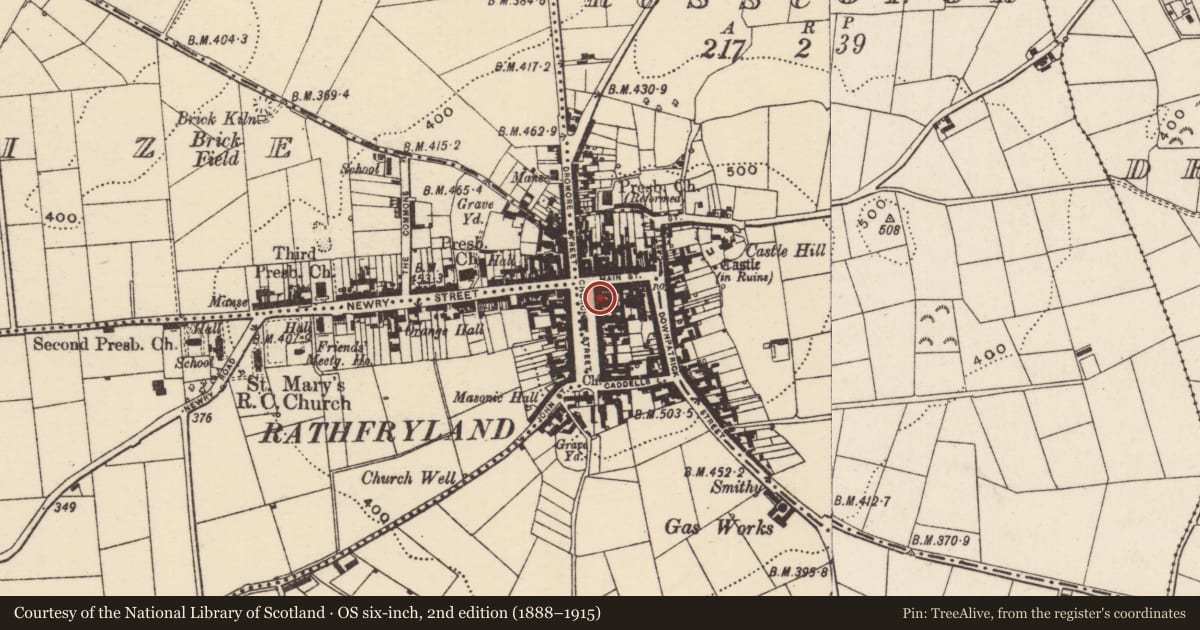 Ordnance Survey six-inch map, 2nd edition (1888–1915) covering the location of 6 Church Square, Cross, Armagh City, Banbridge and Craigavon, with a pin at the register's coordinates