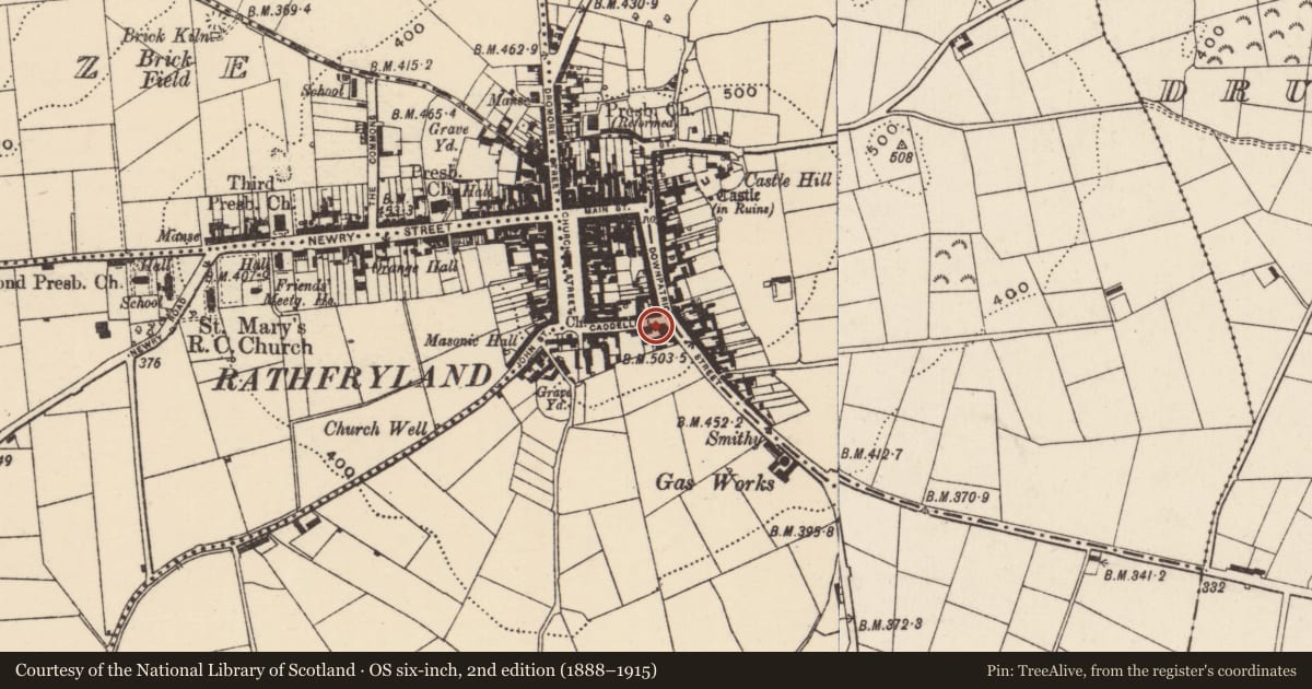 Ordnance Survey six-inch map, 2nd edition (1888–1915) covering the location of Yard to rear of 51 Downpatrick Street, Cross, Armagh City, Banbridge and Craigavon, with a pin at the register's coordinates