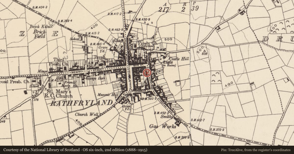 Ordnance Survey six-inch map, 2nd edition (1888–1915) covering the location of 13 + 15 Downpatrick Street, Cross, Armagh City, Banbridge and Craigavon, with a pin at the register's coordinates