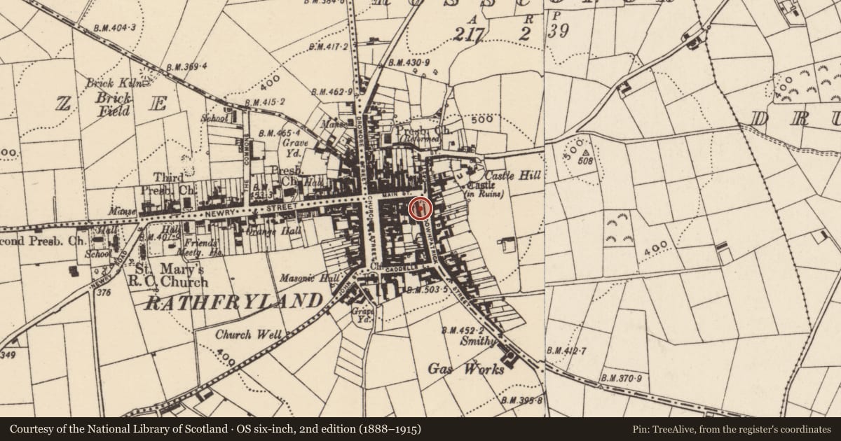 Ordnance Survey six-inch map, 2nd edition (1888–1915) covering the location of 9 Downpatrick Street, Cross, Armagh City, Banbridge and Craigavon, with a pin at the register's coordinates