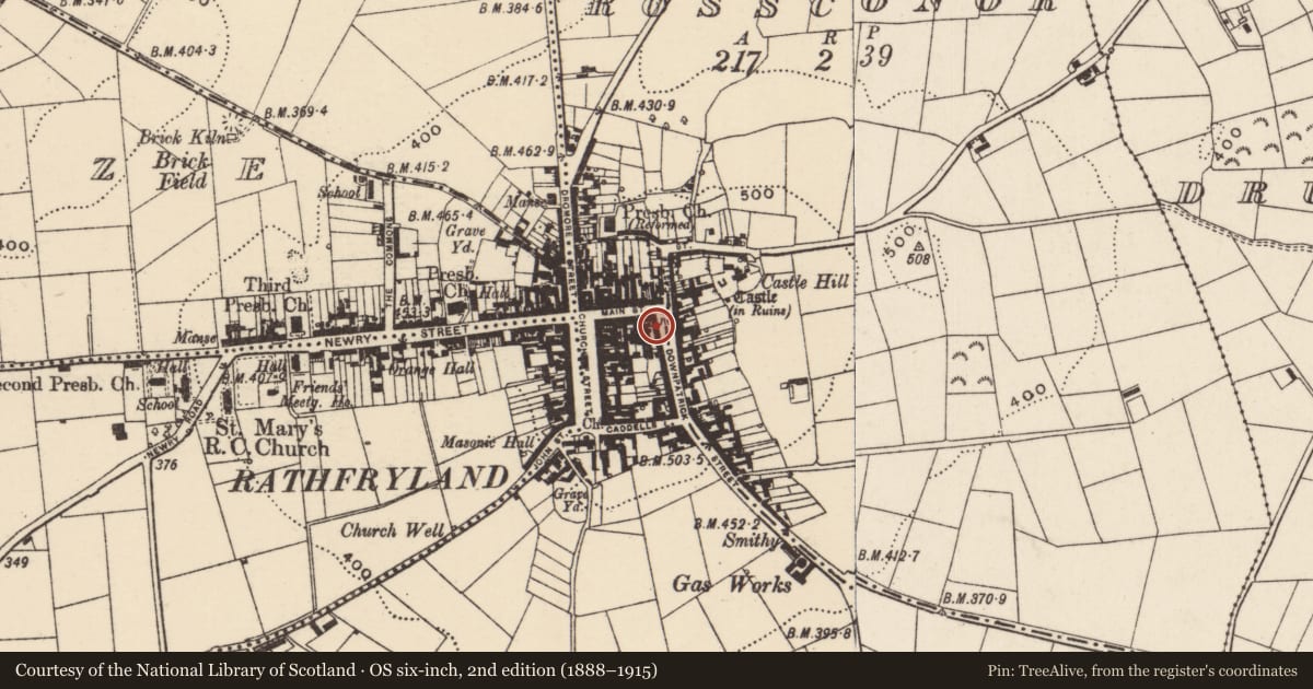 Ordnance Survey six-inch map, 2nd edition (1888–1915) covering the location of 3 + 5 Downpatrick Street, Cross, Armagh City, Banbridge and Craigavon, with a pin at the register's coordinates