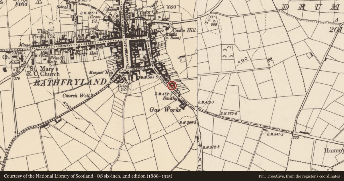 Ordnance Survey six-inch map, 2nd edition (1888–1915) covering the location of 52 Downpatrick Street, Rossconor, Armagh City, Banbridge and Craigavon, with a pin at the register's coordinates