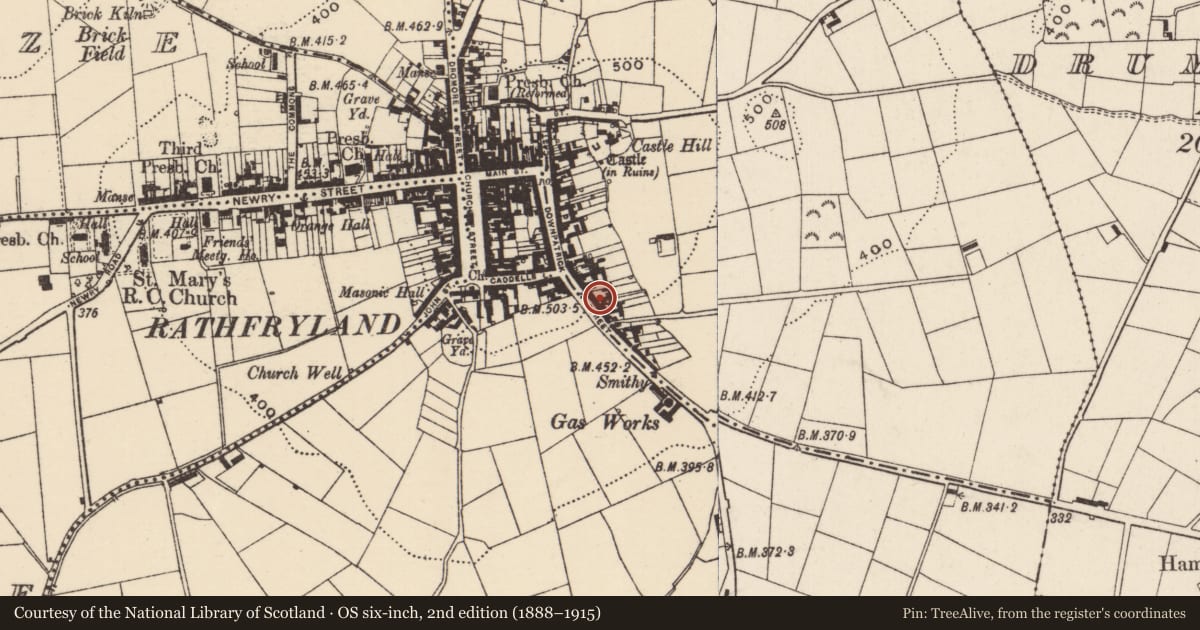 Ordnance Survey six-inch map, 2nd edition (1888–1915) covering the location of 38 Downpatrick Street, Rossconor, Armagh City, Banbridge and Craigavon, with a pin at the register's coordinates