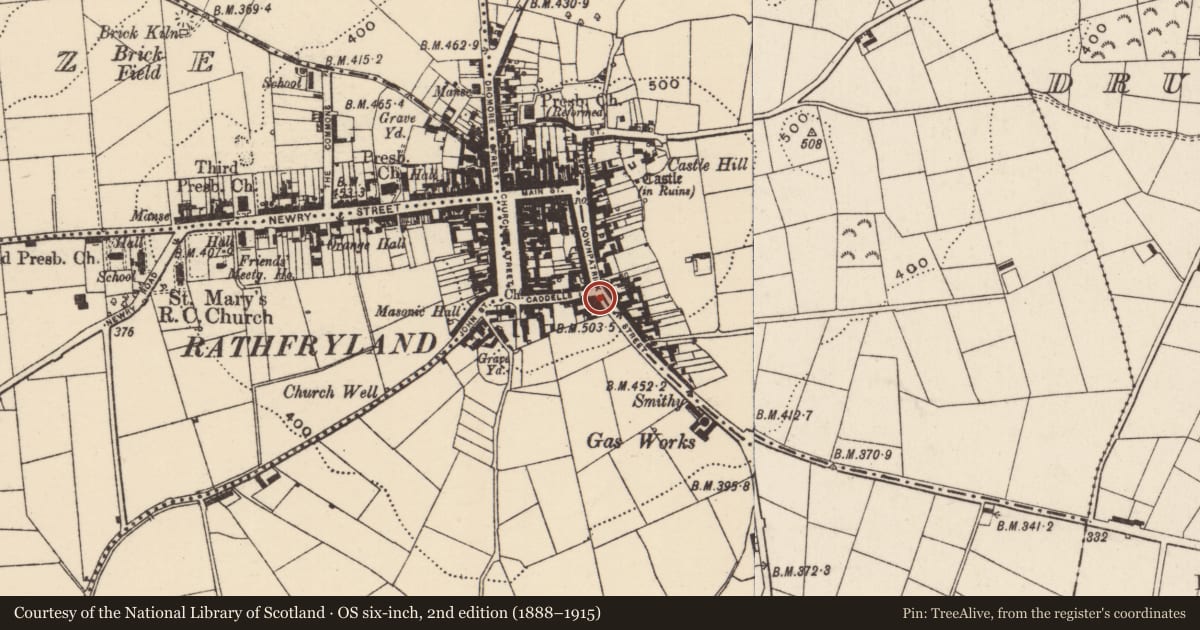 Ordnance Survey six-inch map, 2nd edition (1888–1915) covering the location of 53 Downpatrick Street, Cross, Armagh City, Banbridge and Craigavon, with a pin at the register's coordinates