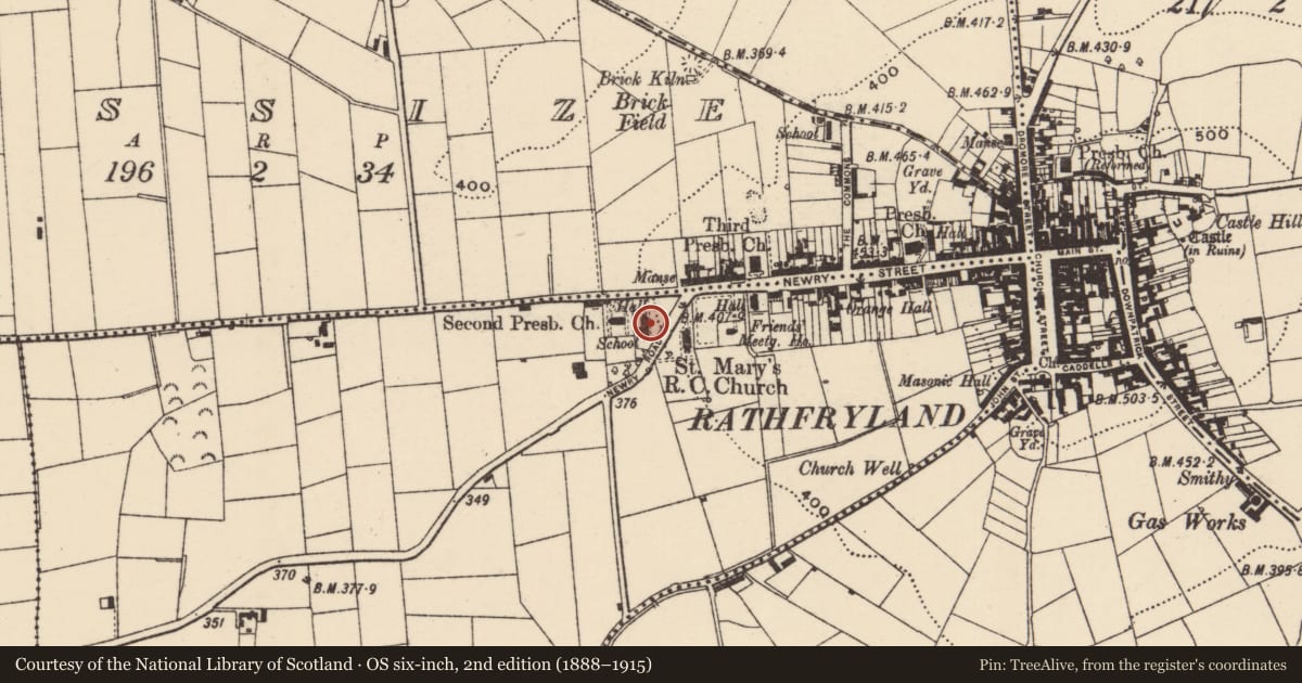 Ordnance Survey six-inch map, 2nd edition (1888–1915) covering the location of Former Presbyterian School House, Kiltarriff, Armagh City, Banbridge and Craigavon, with a pin at the register's coordinates