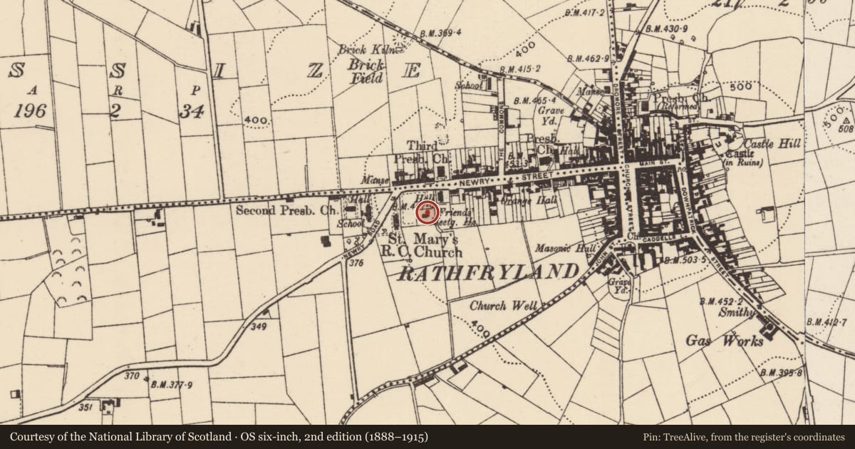 Ordnance Survey six-inch map, 2nd edition (1888–1915) covering the location of Friends Meeting House, Kiltarriff, Armagh City, Banbridge and Craigavon, with a pin at the register's coordinates
