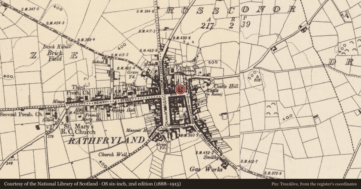 Ordnance Survey six-inch map, 2nd edition (1888–1915) covering the location of 22-24 Main Street, Cross, Armagh City, Banbridge and Craigavon, with a pin at the register's coordinates
