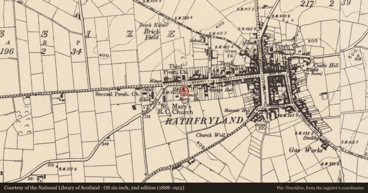 Ordnance Survey six-inch map, 2nd edition (1888–1915) covering the location of Church hall, Kiltarriff, Armagh City, Banbridge and Craigavon, with a pin at the register's coordinates