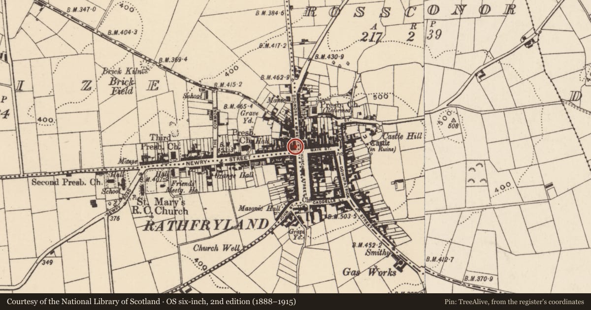 Ordnance Survey six-inch map, 2nd edition (1888–1915) covering the location of 1 Newry Street, Lissize, Armagh City, Banbridge and Craigavon, with a pin at the register's coordinates
