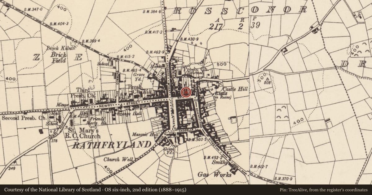 Ordnance Survey six-inch map, 2nd edition (1888–1915) covering the location of 20 Main Street, Cross, Armagh City, Banbridge and Craigavon, with a pin at the register's coordinates