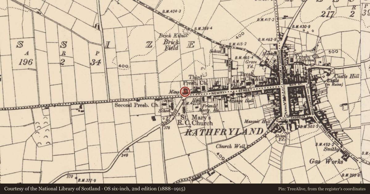 Ordnance Survey six-inch map, 2nd edition (1888–1915) covering the location of 109 Newry Street, Lissize, Armagh City, Banbridge and Craigavon, with a pin at the register's coordinates
