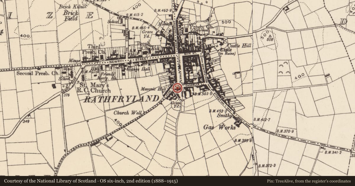 Ordnance Survey six-inch map, 2nd edition (1888–1915) covering the location of 2 John Street, Cross, Armagh City, Banbridge and Craigavon, with a pin at the register's coordinates