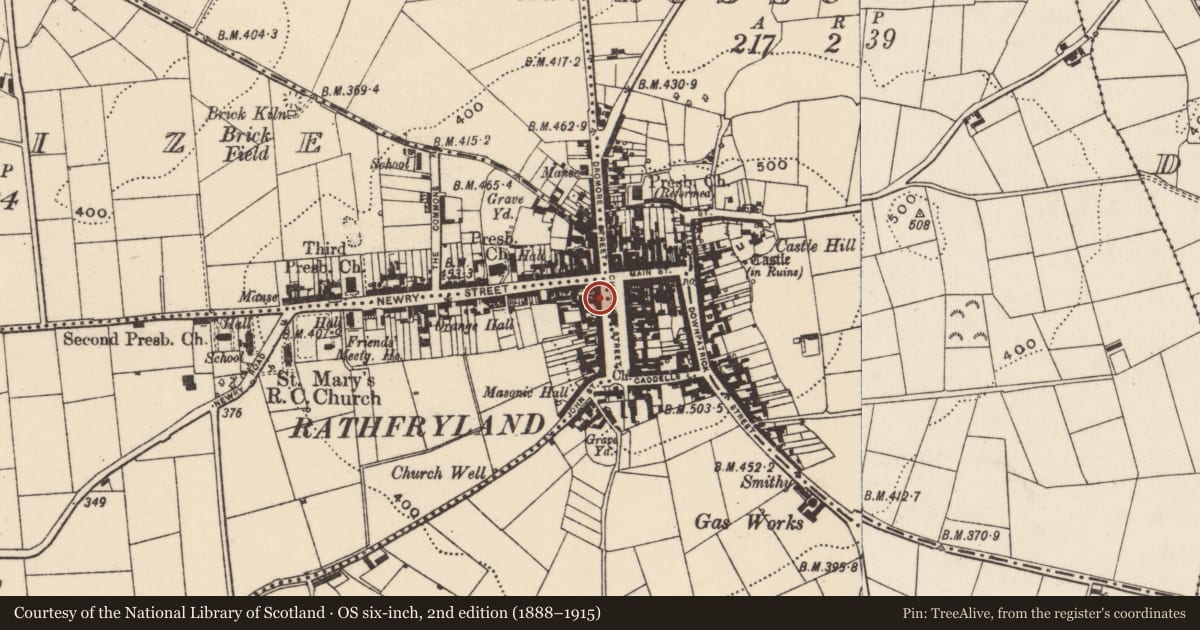 Ordnance Survey six-inch map, 2nd edition (1888–1915) covering the location of Outbuildings, Kiltarriff, Armagh City, Banbridge and Craigavon, with a pin at the register's coordinates