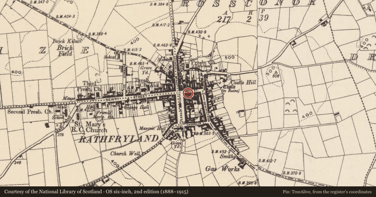 Ordnance Survey six-inch map, 2nd edition (1888–1915) covering the location of 5 Main Street, Cross, Armagh City, Banbridge and Craigavon, with a pin at the register's coordinates