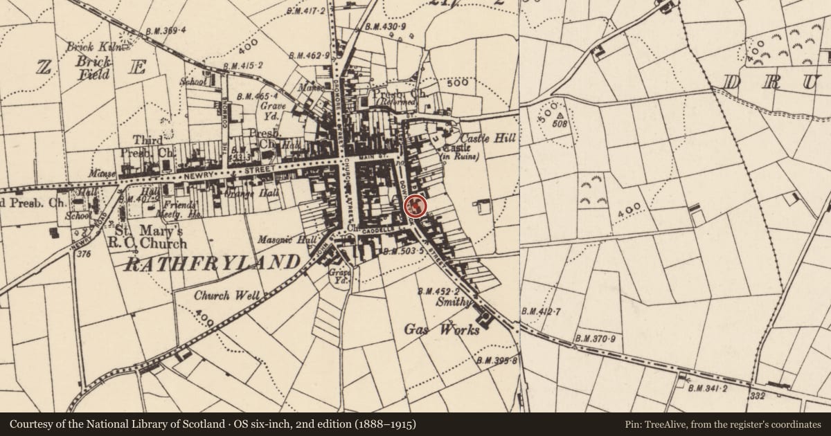 Ordnance Survey six-inch map, 2nd edition (1888–1915) covering the location of RUC Station, Rossconor, Armagh City, Banbridge and Craigavon, with a pin at the register's coordinates
