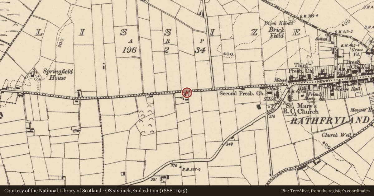 Ordnance Survey six-inch map, 2nd edition (1888–1915) covering the location of 6 Redbridge Road, Kiltarriff, Armagh City, Banbridge and Craigavon, with a pin at the register's coordinates
