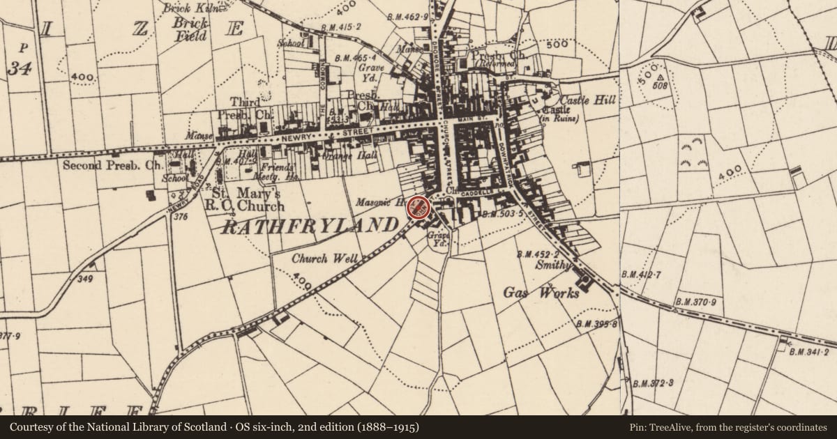 Ordnance Survey six-inch map, 2nd edition (1888–1915) covering the location of Masonic Hall, Kiltarriff, Armagh City, Banbridge and Craigavon, with a pin at the register's coordinates