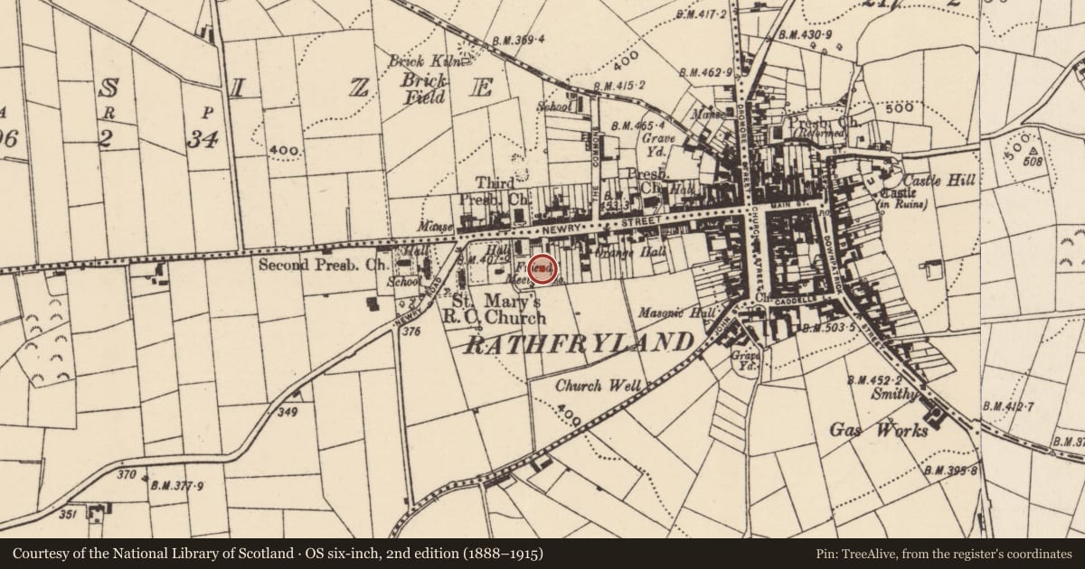 Ordnance Survey six-inch map, 2nd edition (1888–1915) covering the location of Milestone adj. to 81 Newry Street, Lissize, Armagh City, Banbridge and Craigavon, with a pin at the register's coordinates
