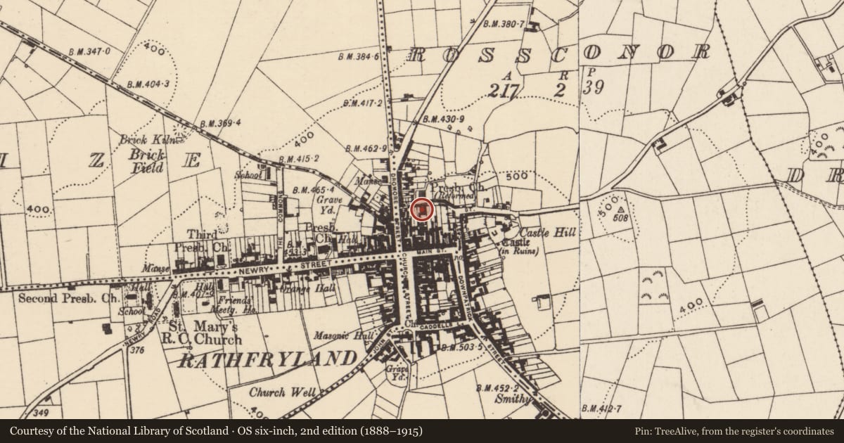 Ordnance Survey six-inch map, 2nd edition (1888–1915) covering the location of Warehouse, Cross, Armagh City, Banbridge and Craigavon, with a pin at the register's coordinates