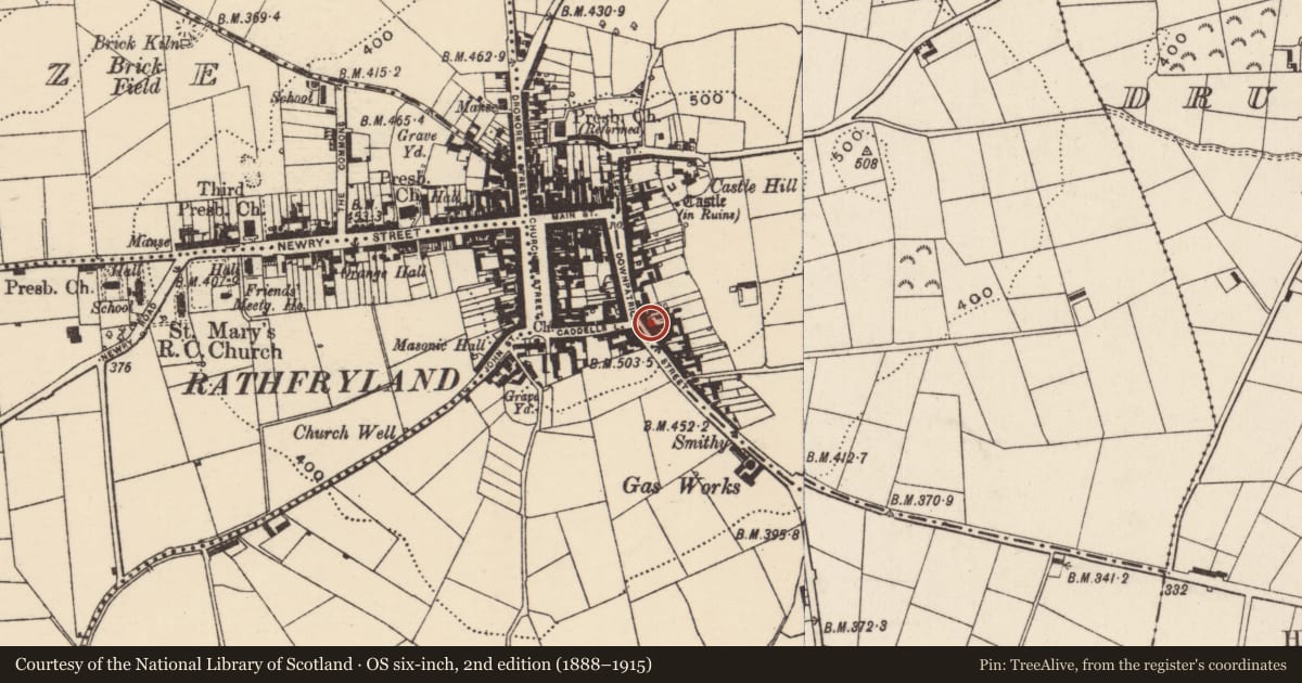 Ordnance Survey six-inch map, 2nd edition (1888–1915) covering the location of 24 Downpatrick Street, Rossconnor, Armagh City, Banbridge and Craigavon, with a pin at the register's coordinates