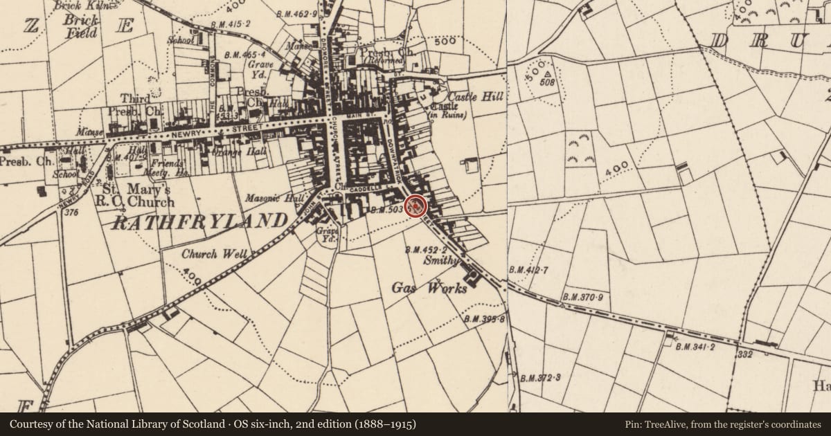 Ordnance Survey six-inch map, 2nd edition (1888–1915) covering the location of WWII Pillbox adj to Ulster Bus Depot, Cross, Armagh City, Banbridge and Craigavon, with a pin at the register's coordinates