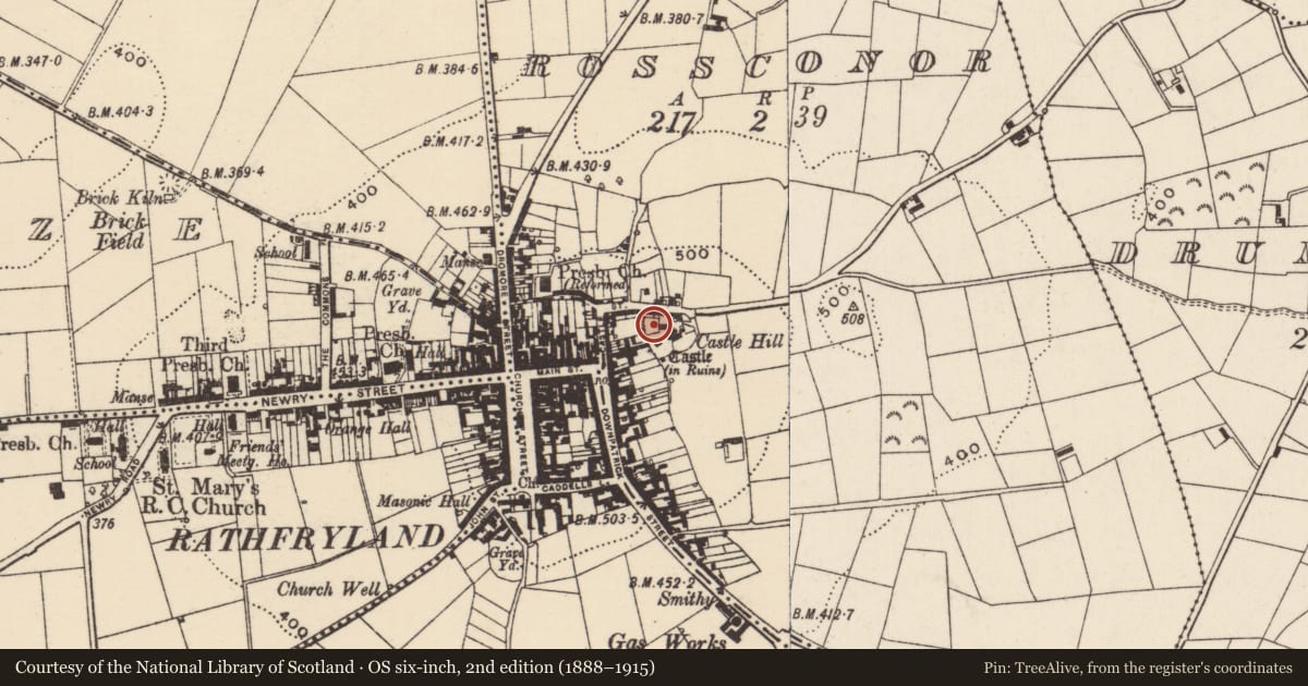 Ordnance Survey six-inch map, 2nd edition (1888–1915) covering the location of Water tower on Castle St, Rossconnor, Armagh City, Banbridge and Craigavon, with a pin at the register's coordinates